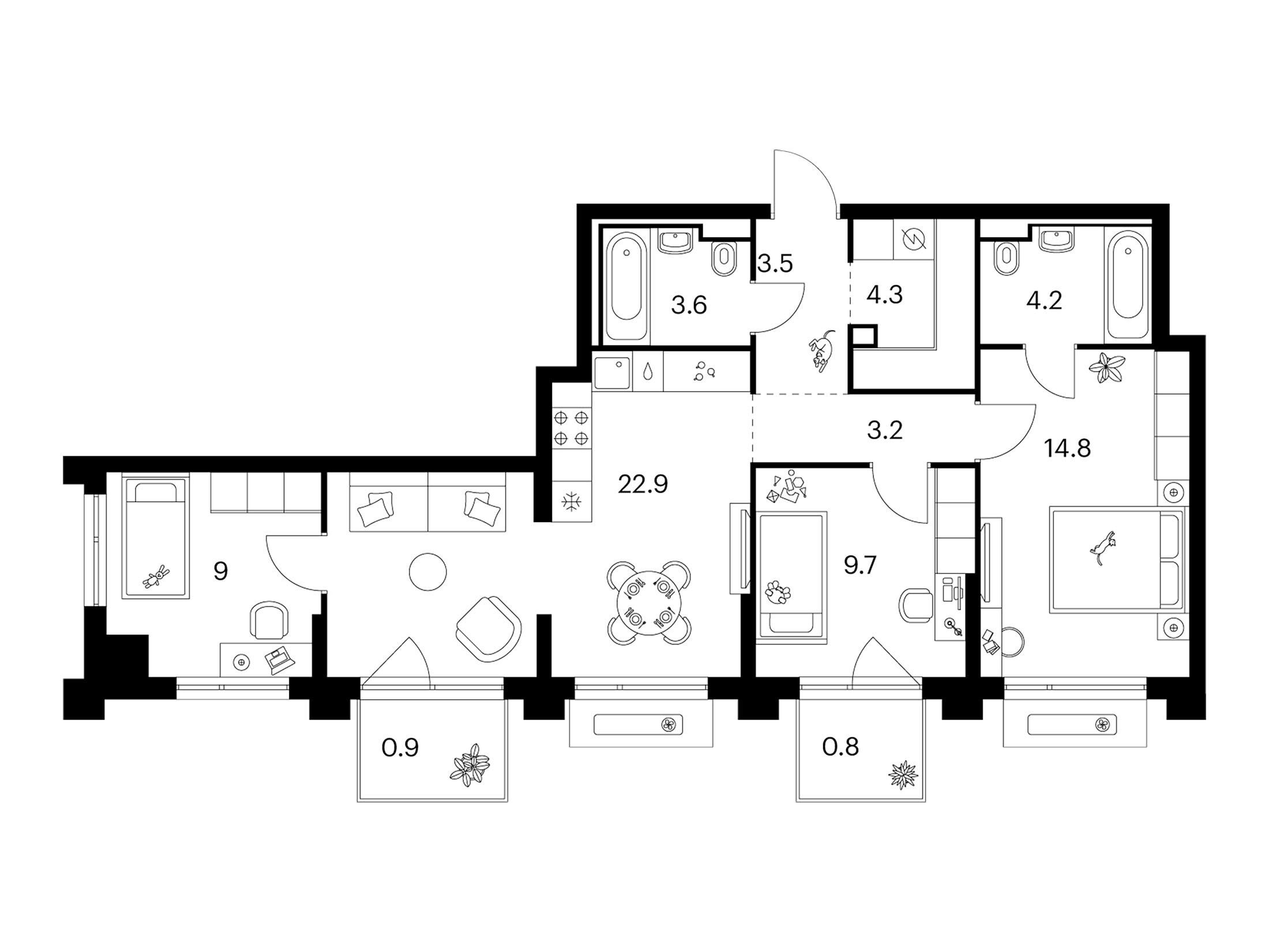 Планировка: 3-комн. квартира 76.90 м² в новостройке Зелёный парк