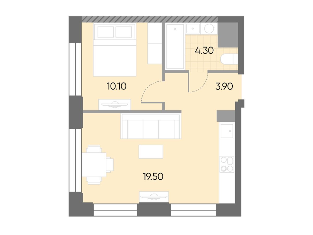 Планировка: 1-комн. квартира 37.80 м² в новостройке Вейв