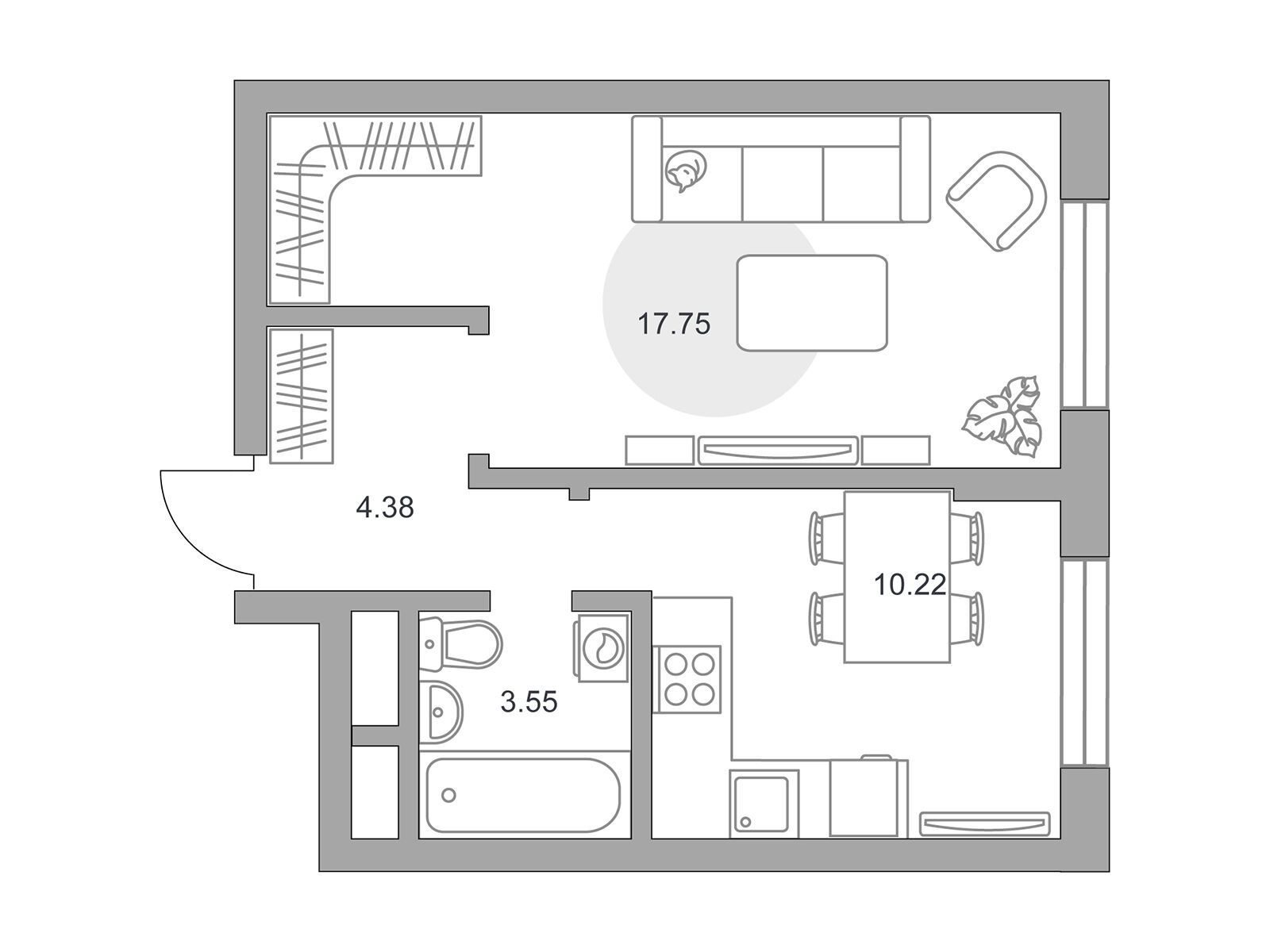 Планировка: 1-комн. квартира 35.90 м² в новостройке Живописный
