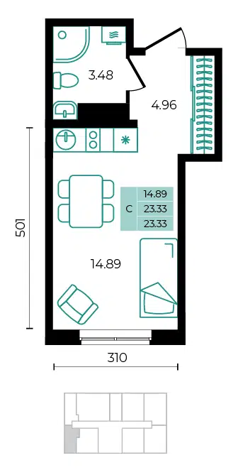 Планировка: Студия 23.33 м² в новостройке ЖК Курортный Регион