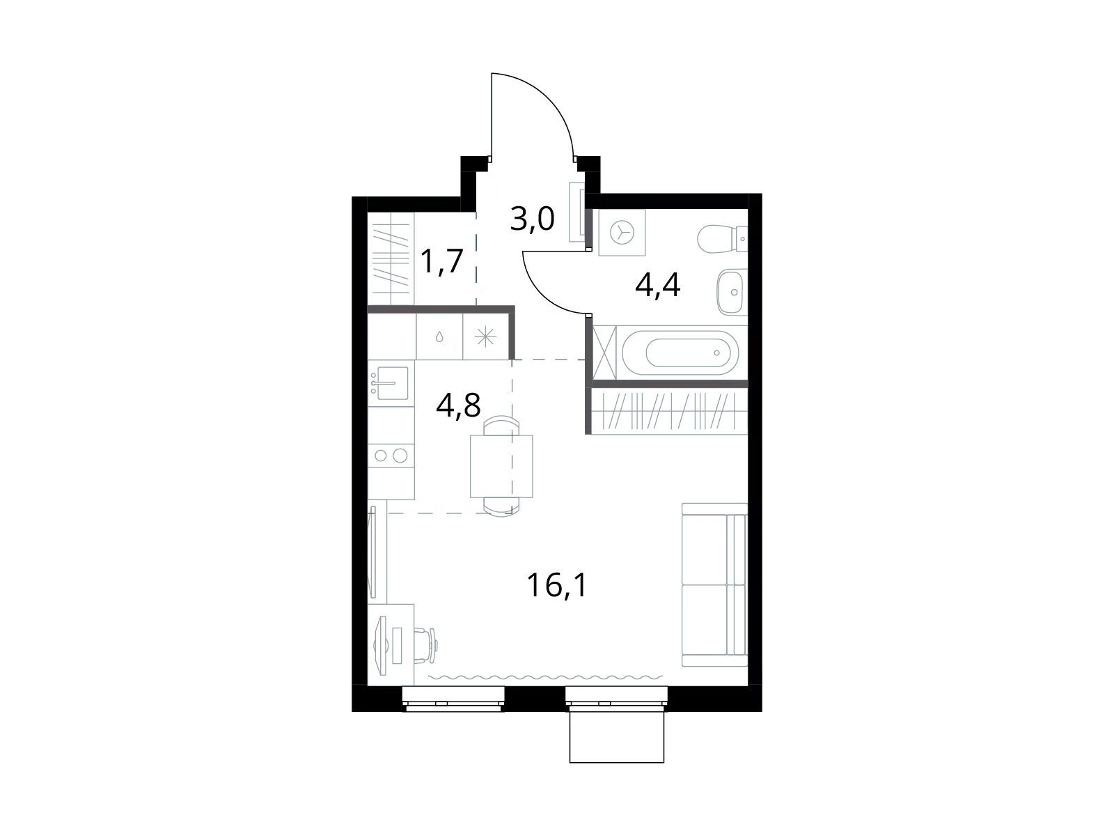 Планировка: Студия 30.00 м² в новостройке ЖК 1-й Измайловский (Первый Измайловский)