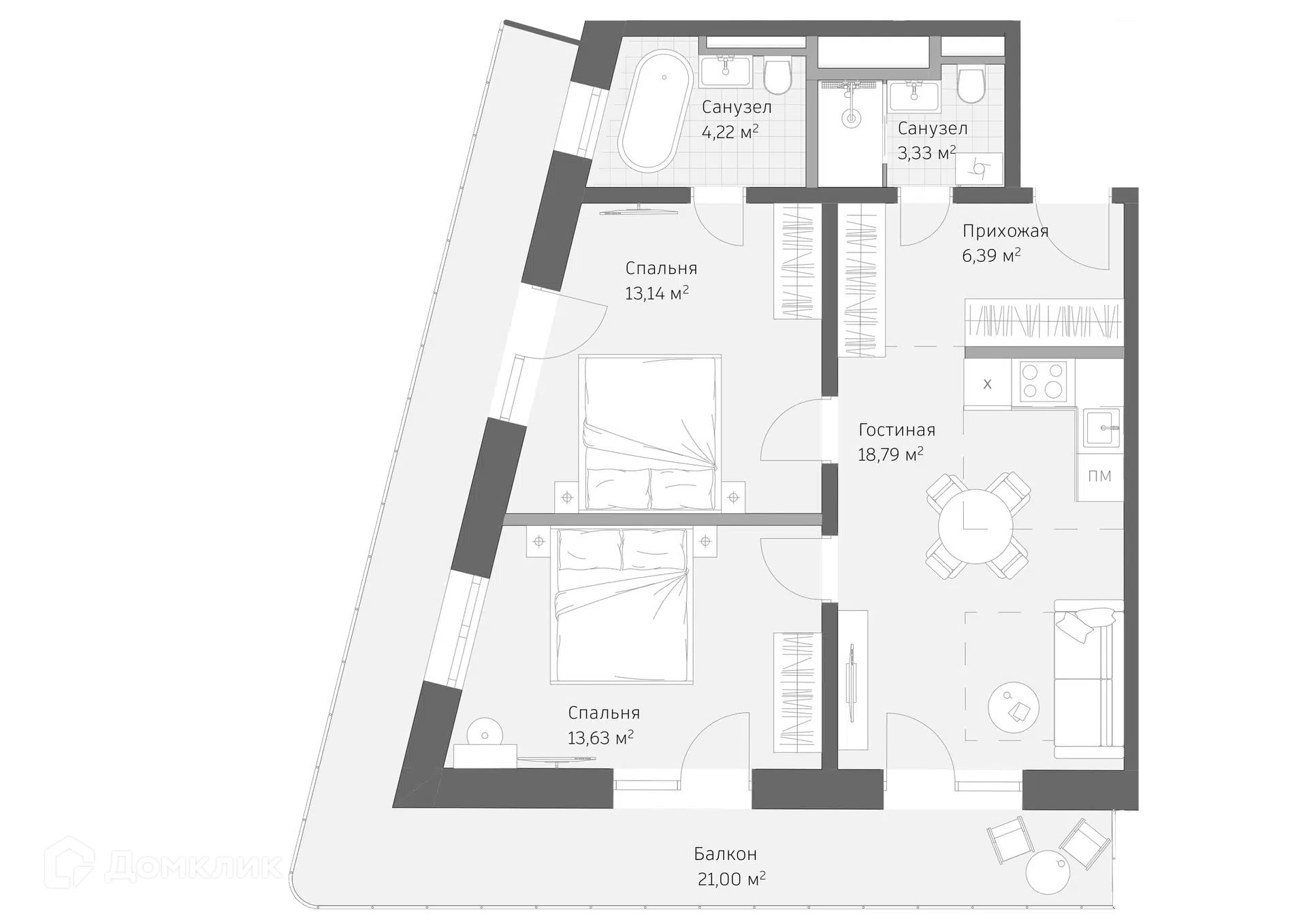 Планировка: 3-комн. квартира 80.50 м² в новостройке Реликт