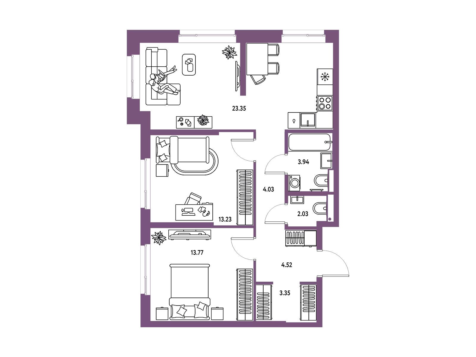 Планировка: 3-комн. квартира 68.22 м² в новостройке Страна Парковая