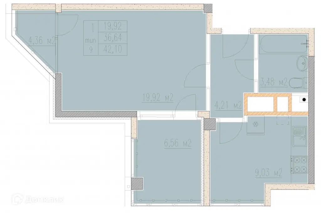 Планировка: 1-комн. квартира 42.10 м² в новостройке Агой-парк