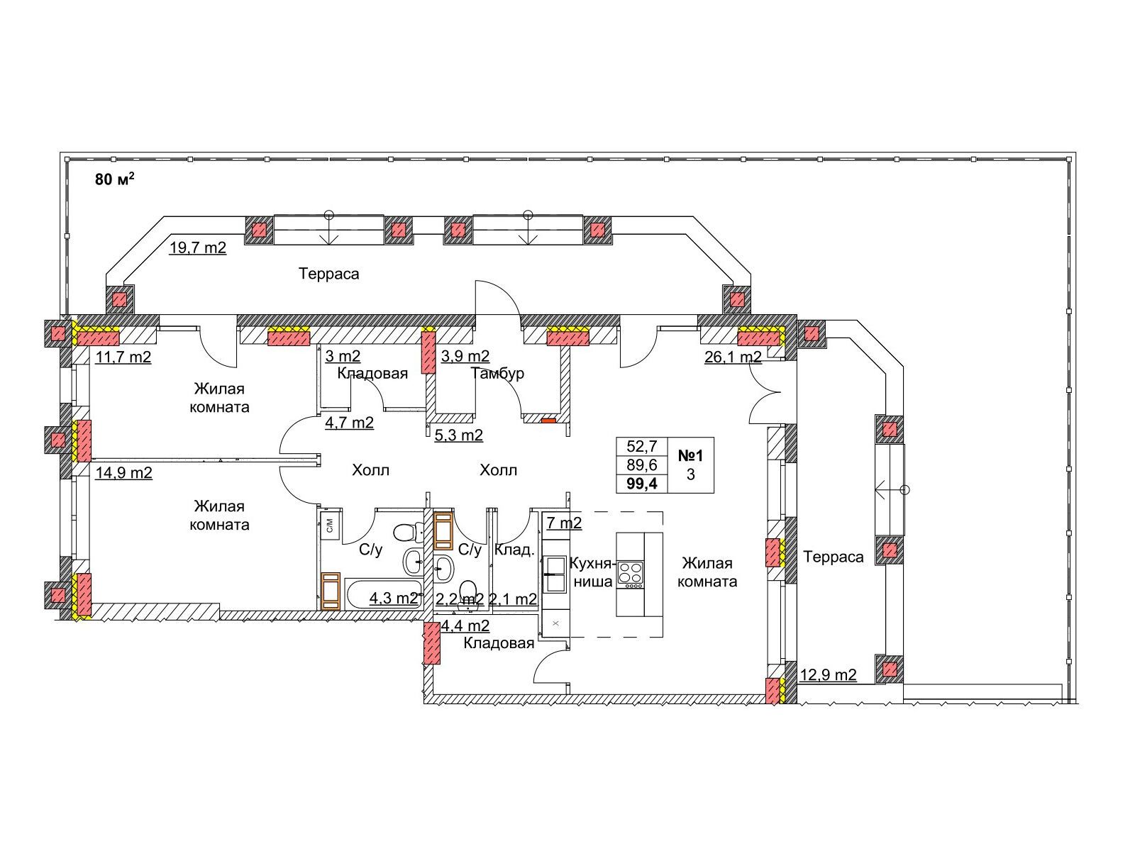 Планировка: 3-комн. квартира 101.90 м² в новостройке Клюквенный