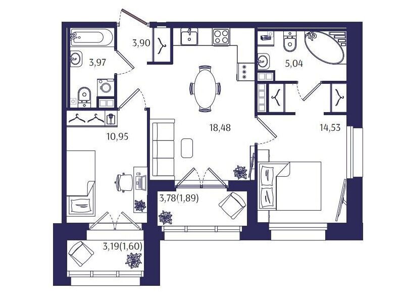 Планировка: 2-комн. квартира 60.36 м² в новостройке Ранта Резиденс
