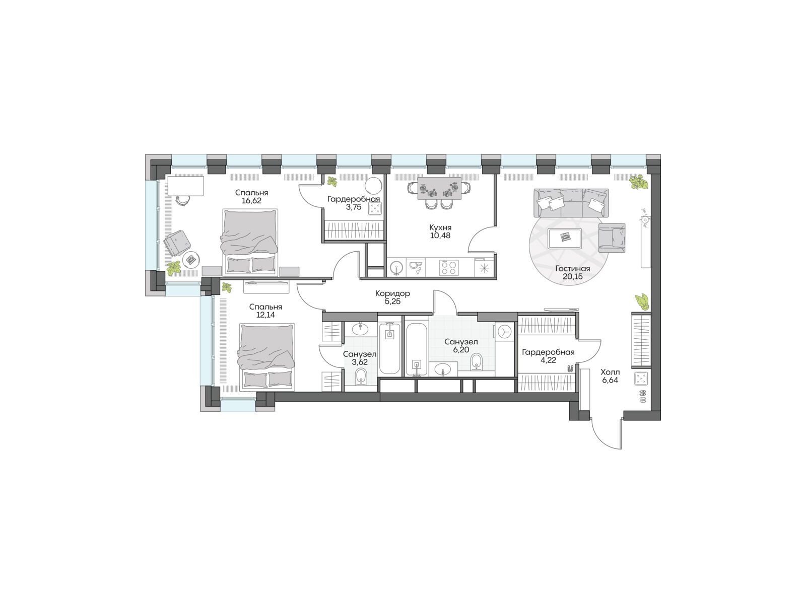 Планировка: 3-комн. квартира 89.46 м² в новостройке Инсайдер