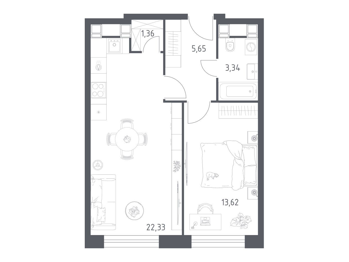Планировка: 1-комн. квартира 46.30 м² в новостройке Пятницкое 58