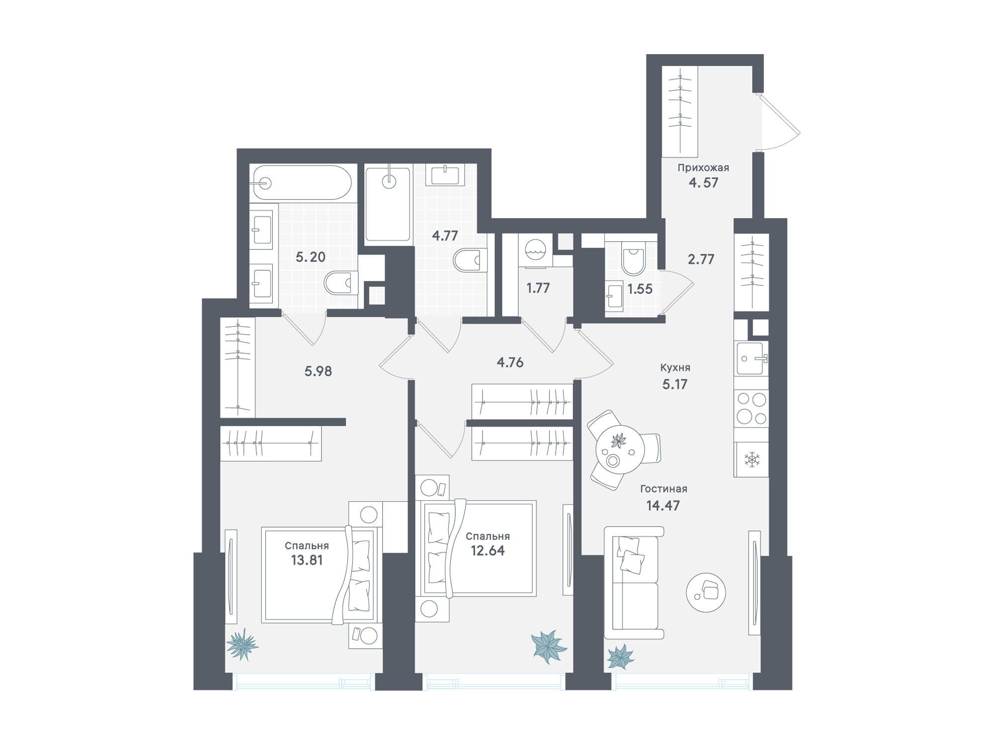 Планировка: 2-комн. квартира 77.46 м² в новостройке ЖК Солос