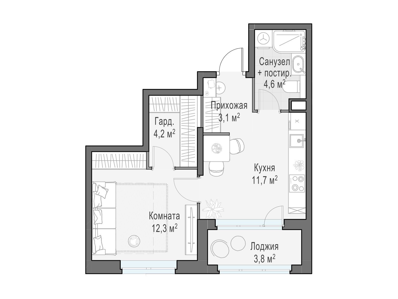 Планировка: 1-комн. квартира 35.90 м² в новостройке Новое Медведково