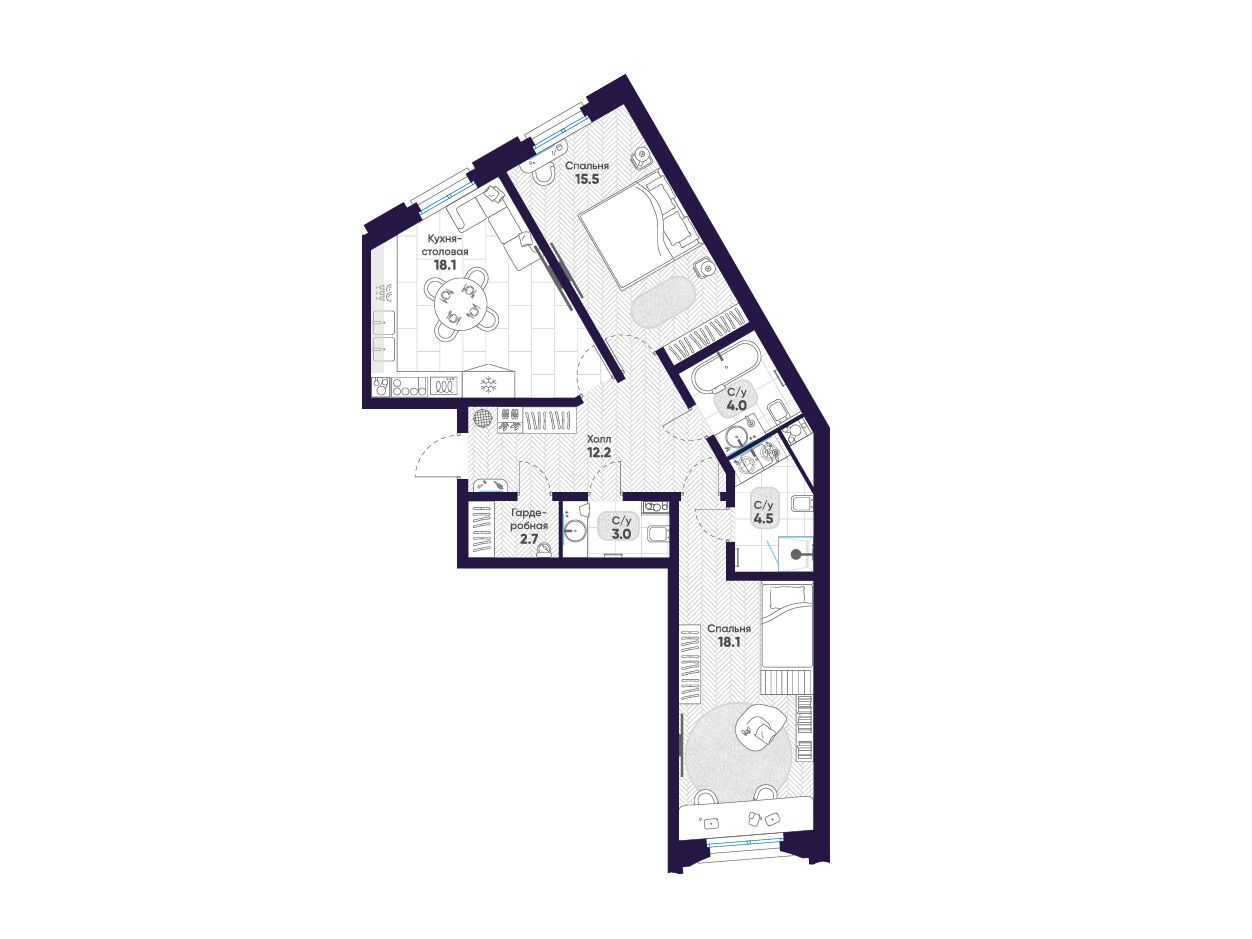 Планировка: 2-комн. квартира 78.10 м² в новостройке Мариинка Делюкс
