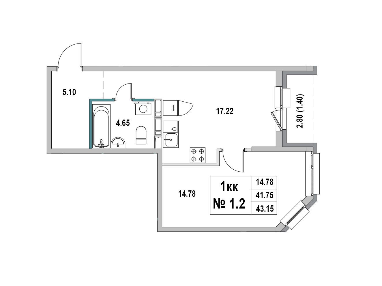 Планировка: 1-комн. квартира 43.15 м² в новостройке ЖК Новый город (Выборг)