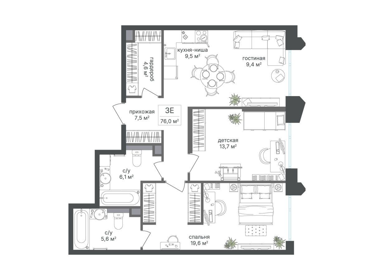 Планировка: 2-комн. квартира 76.00 м² в новостройке Петровский парк II