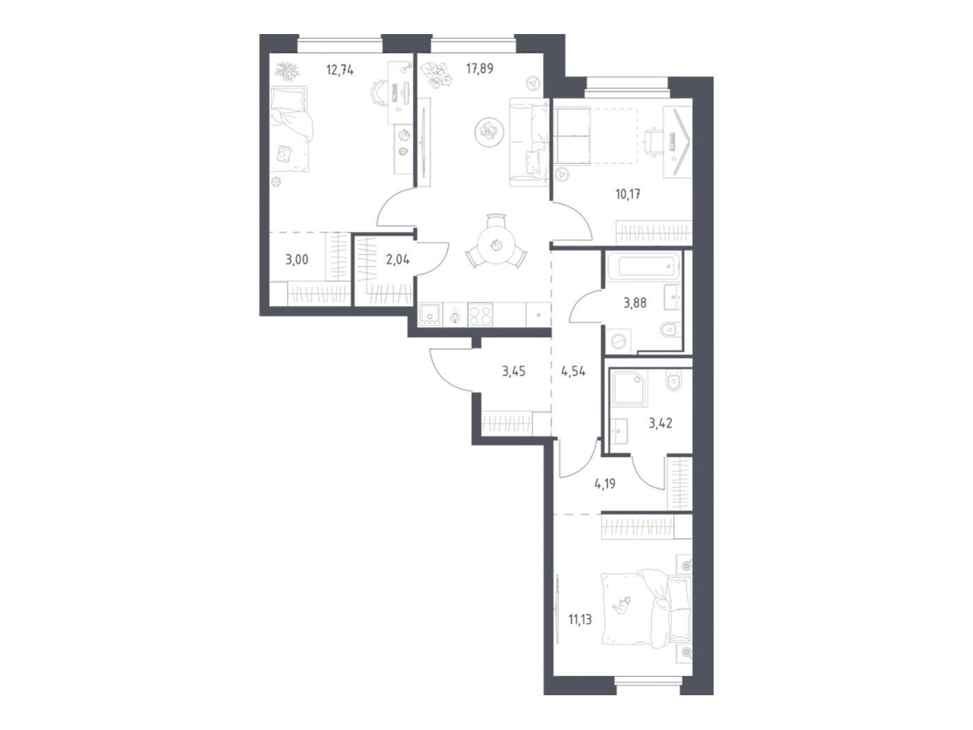 Планировка: 3-комн. квартира 76.45 м² в новостройке Литературный Квартал