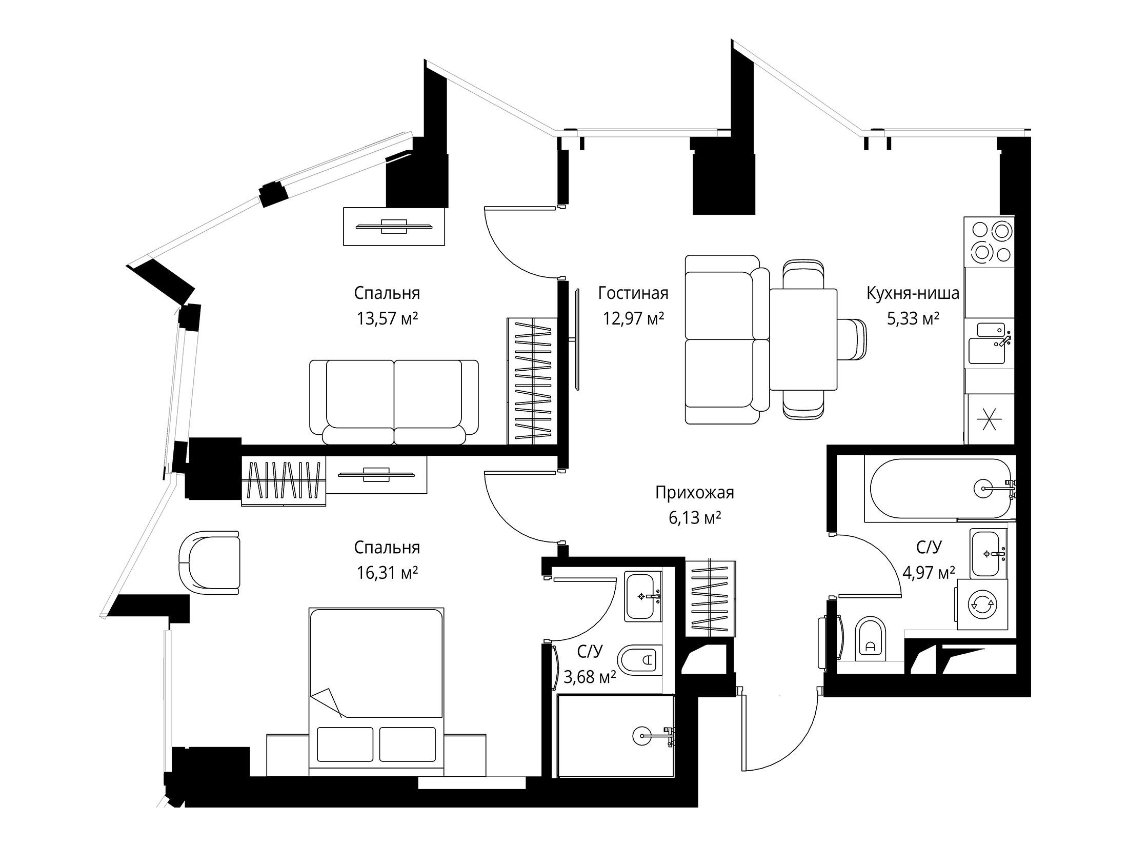 Планировка: 2-комн. квартира 63.30 м² в новостройке Феймос