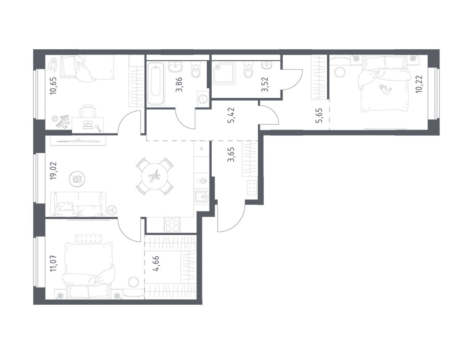 Планировка: 3-комн. квартира 77.72 м² в новостройке Большое Юрлово