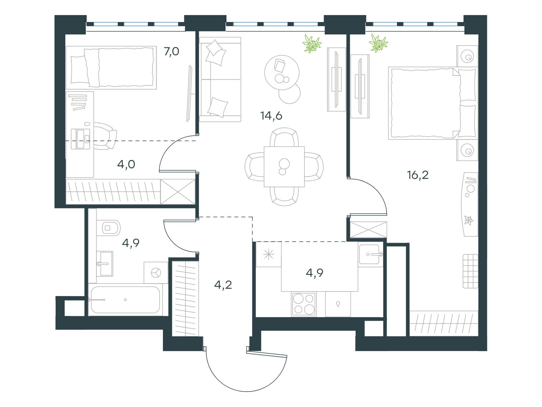 Планировка: 3-комн. квартира 55.80 м² в новостройке Левел Южнопортовая