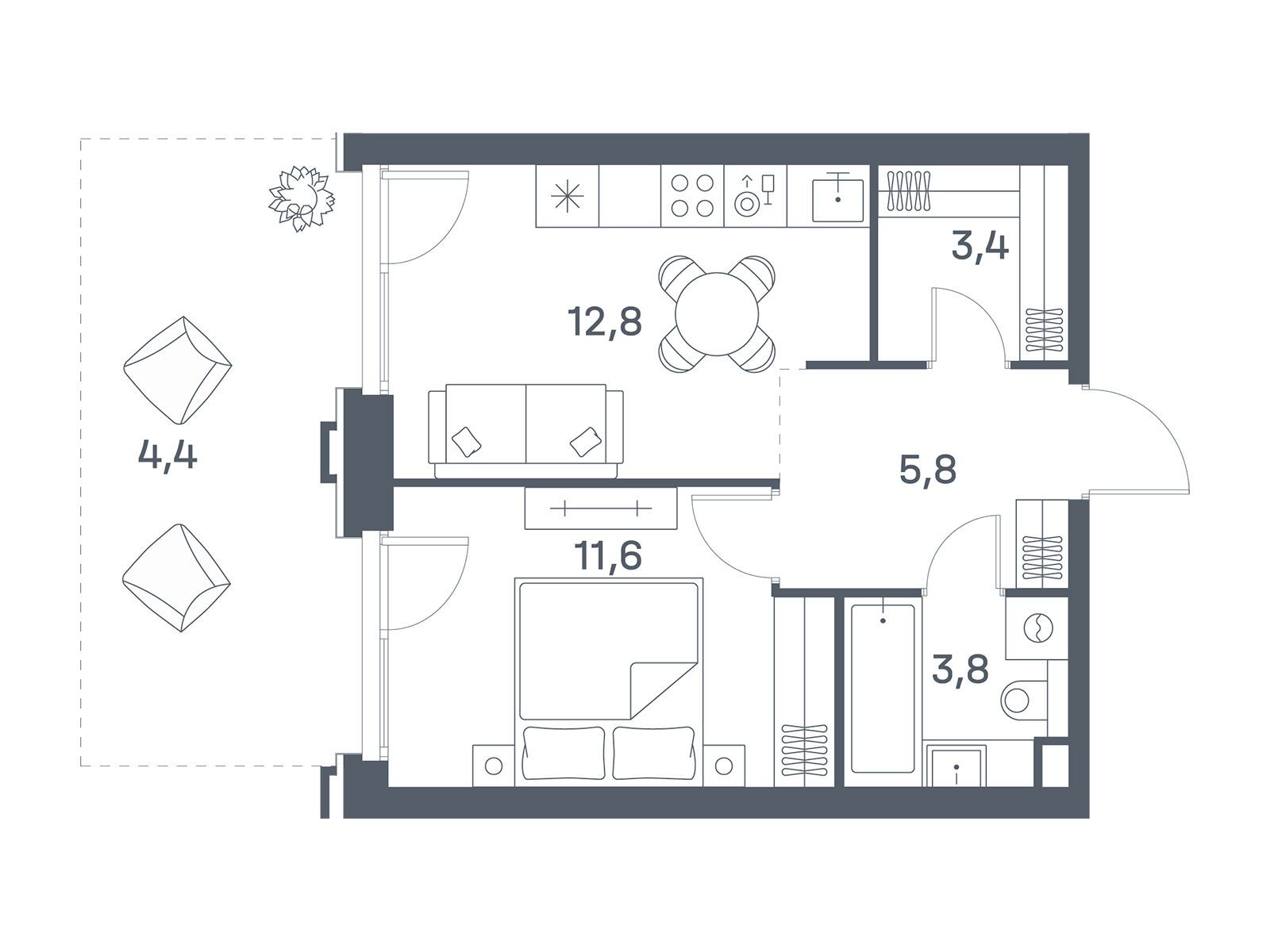 Планировка: 1-комн. квартира 41.80 м² в новостройке ЖК Портленд. Дом на берегу