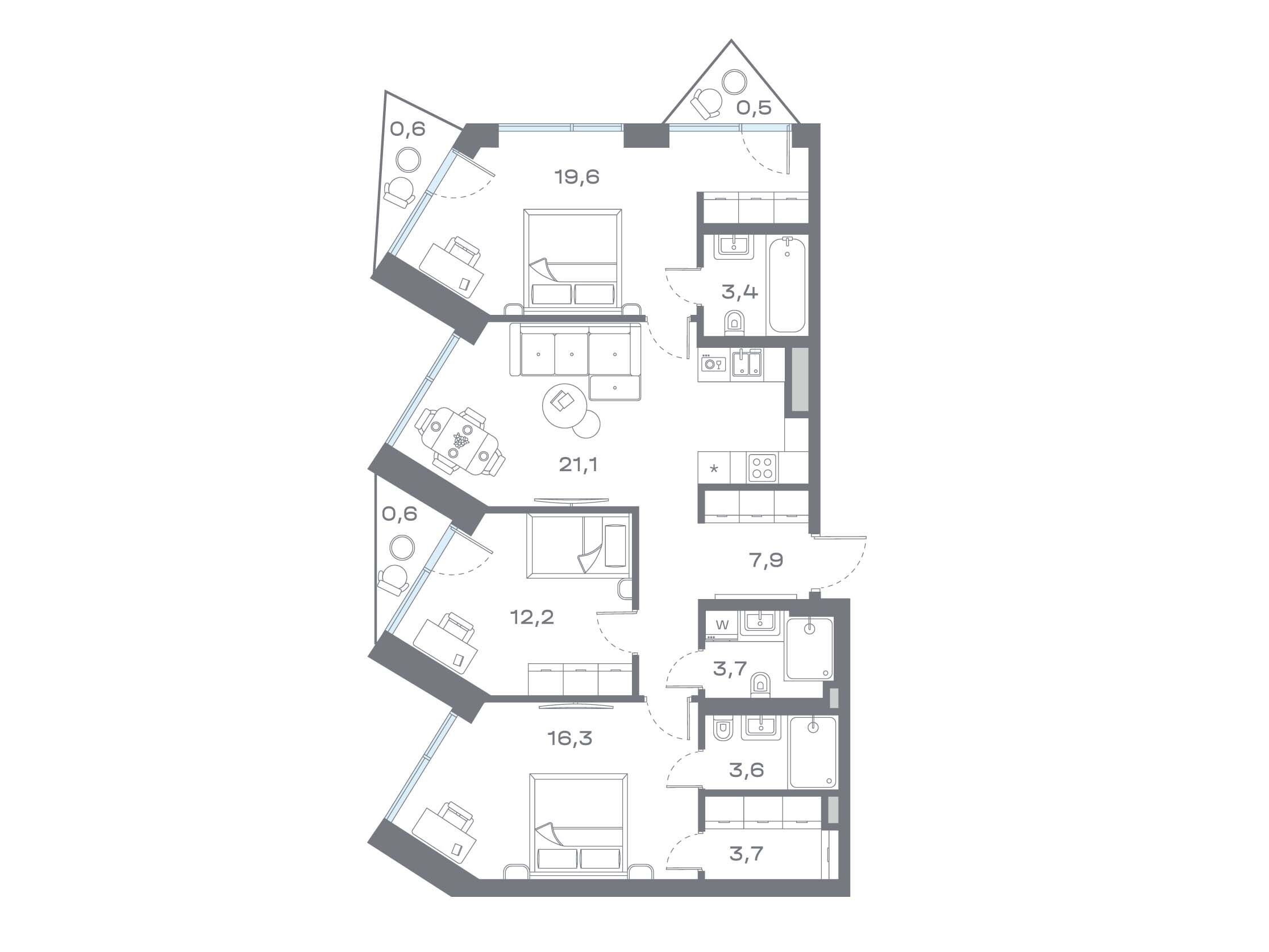 Планировка: 3-комн. квартира 92.88 м² в новостройке Дом Горизонтов
