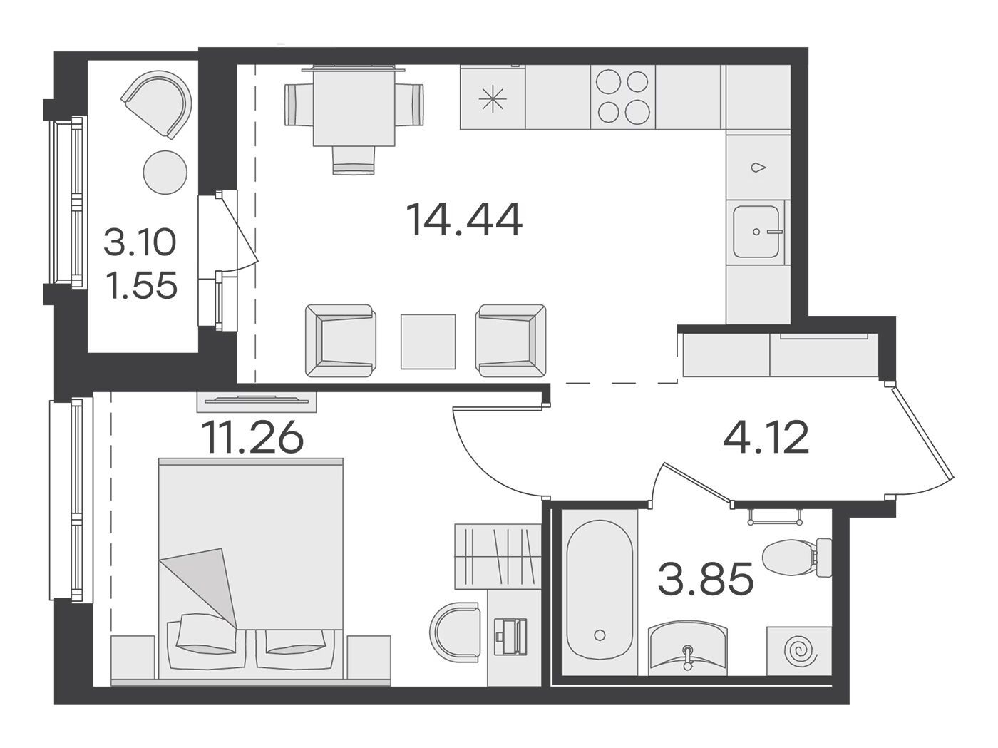 Планировка: 1-комн. квартира 34.60 м² в новостройке Глоракс Парголово