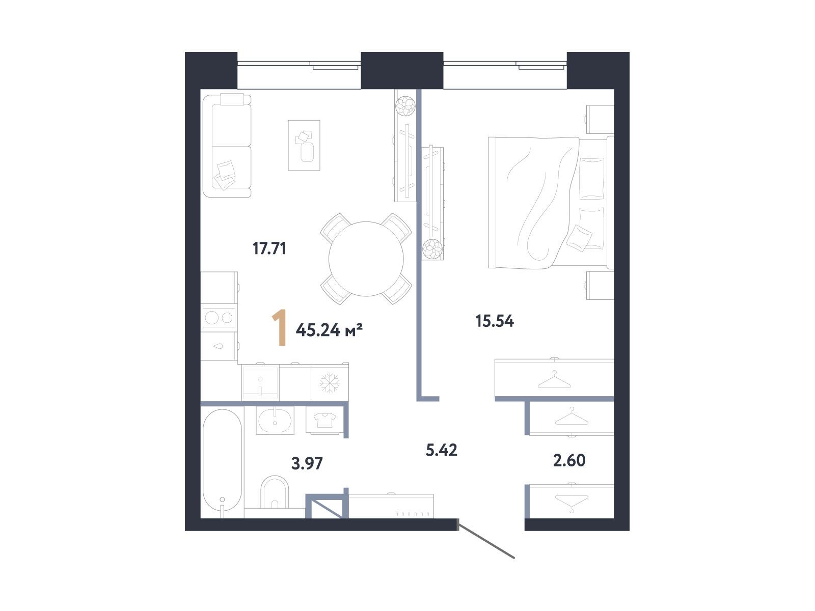 Планировка: 1-комн. квартира 45.24 м² в новостройке Репаблик