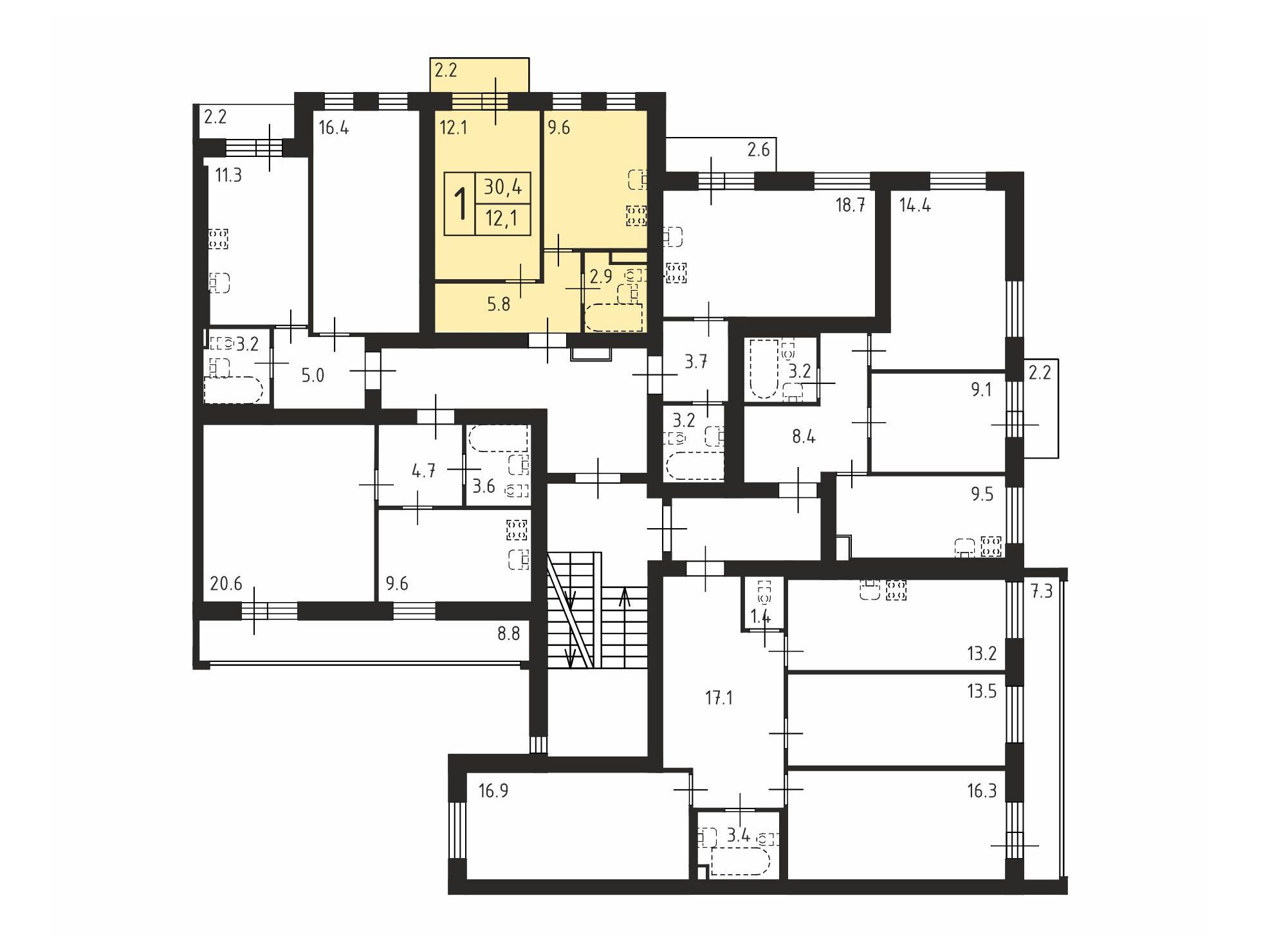 Планировка: 1-комн. квартира 30.40 м² в новостройке Щегловская усадьба