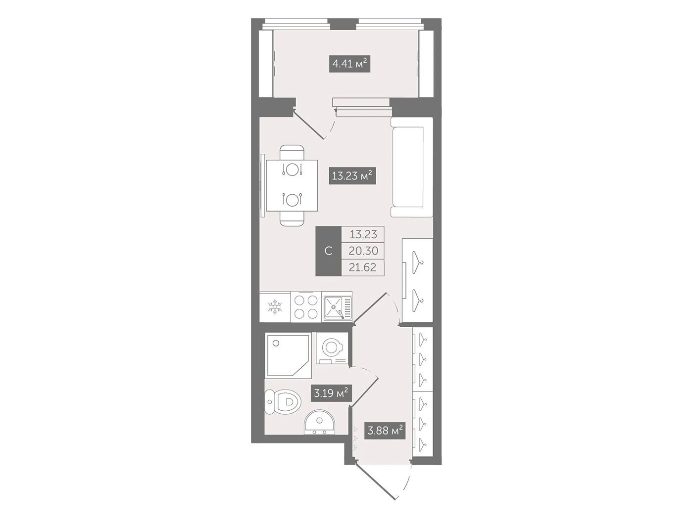 Планировка: Студия 21.62 м² в новостройке Квартал Воронцовский