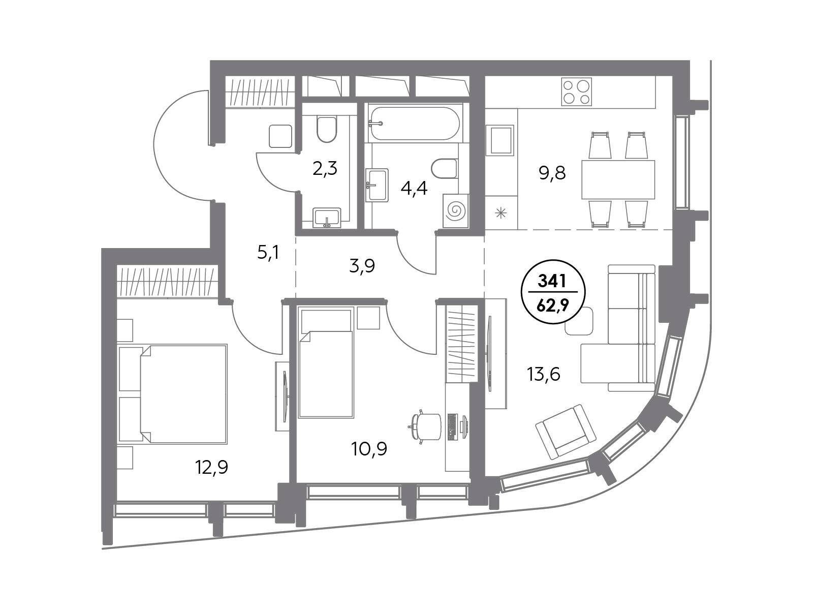 Планировка: 2-комн. квартира 62.90 м² в новостройке Дом 56