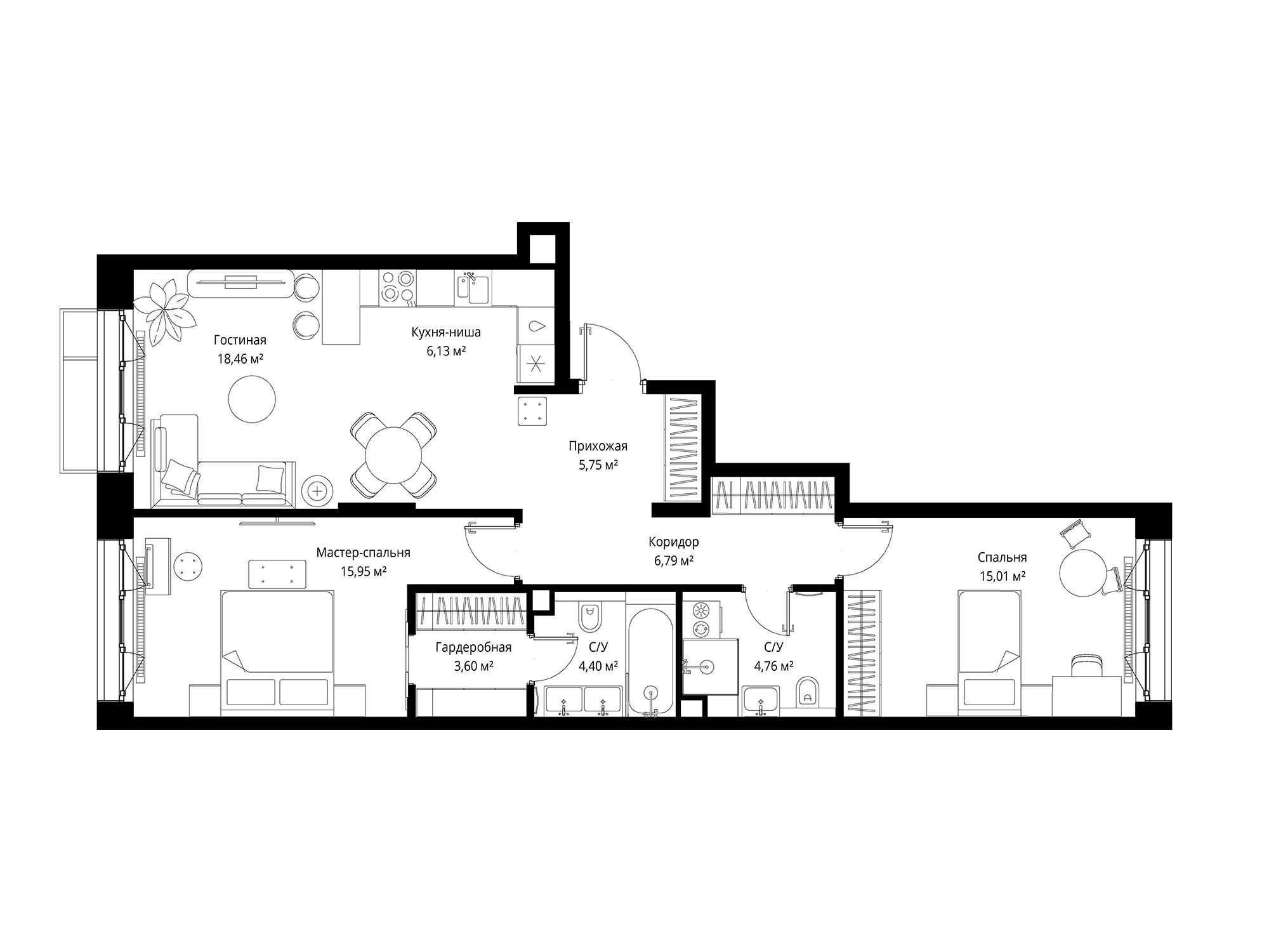 Планировка: 2-комн. квартира 80.85 м² в новостройке Мыс