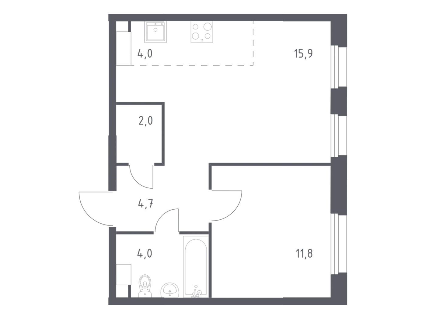 Планировка: 1-комн. квартира 41.50 м² в новостройке Эко Бунино