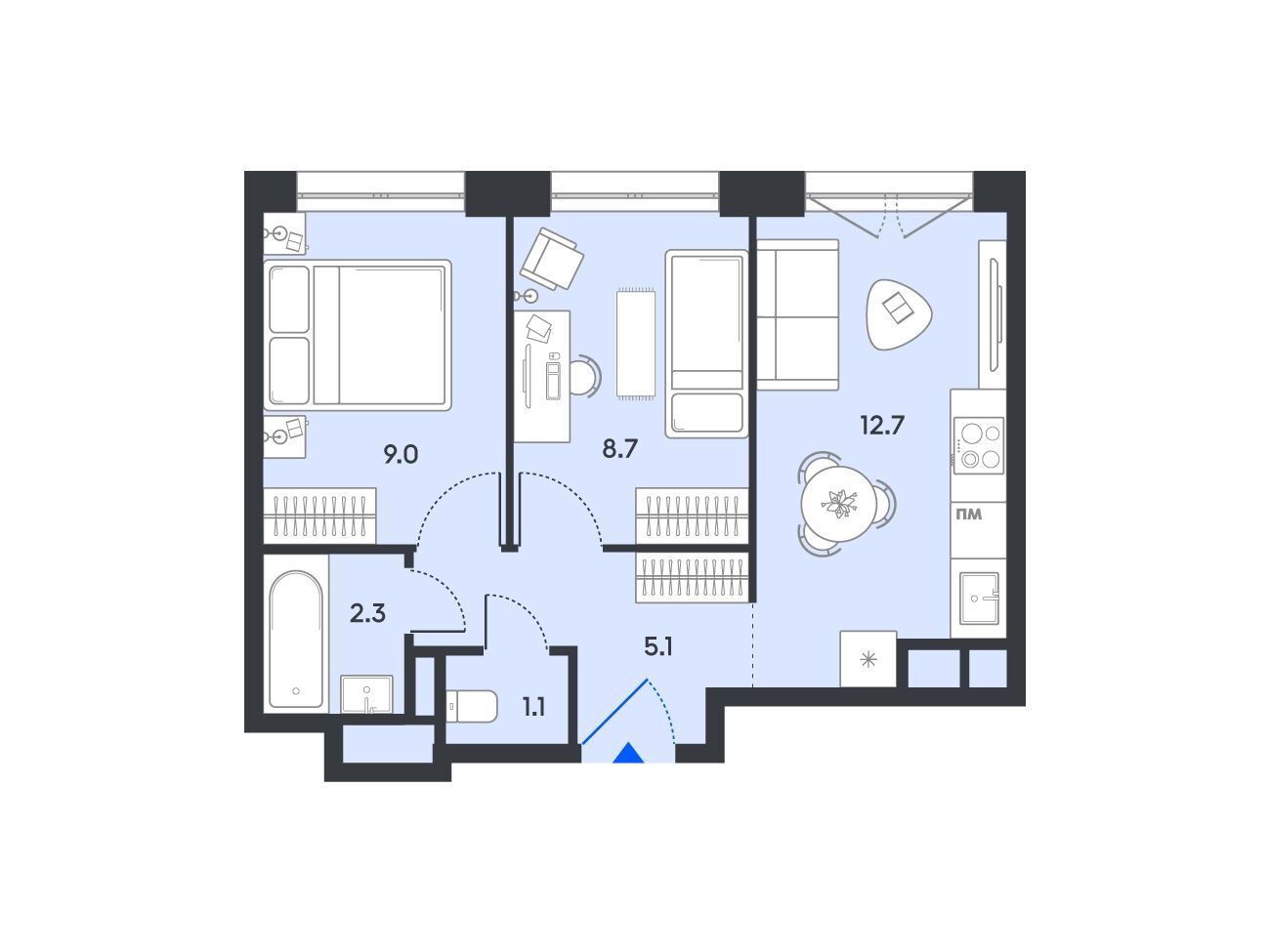 Планировка: 2-комн. квартира 38.90 м² в новостройке Баланс