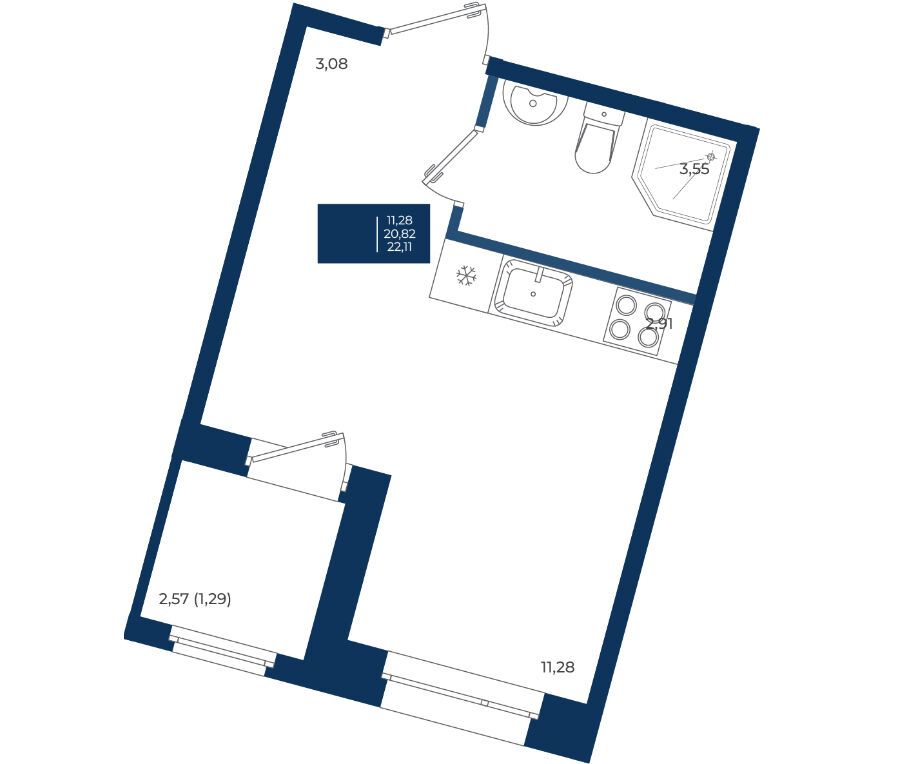 Планировка: Студия 22.11 м² в новостройке Новатория