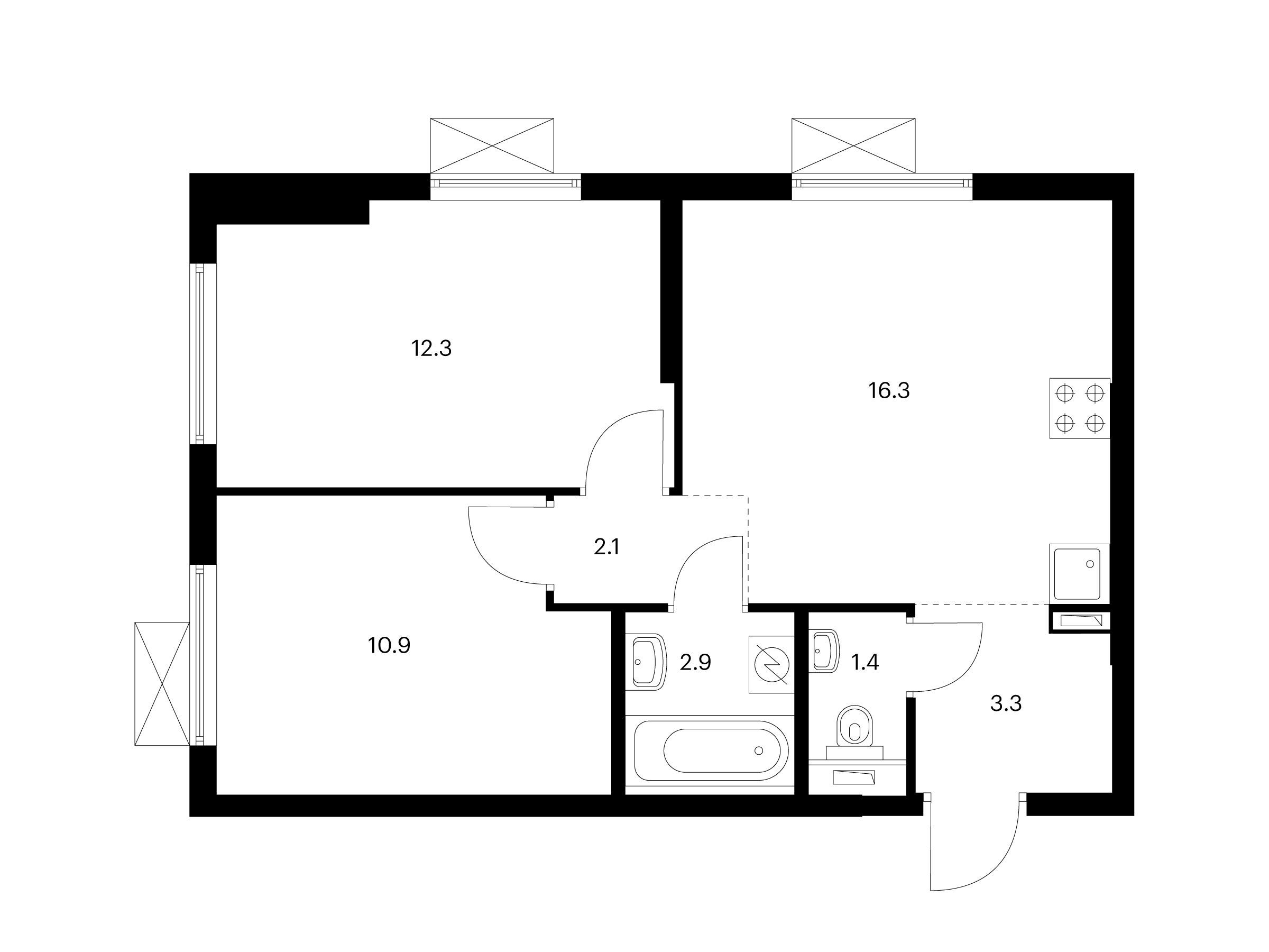 Планировка: 2-комн. квартира 49.20 м² в новостройке ЖК Кузьминский лес
