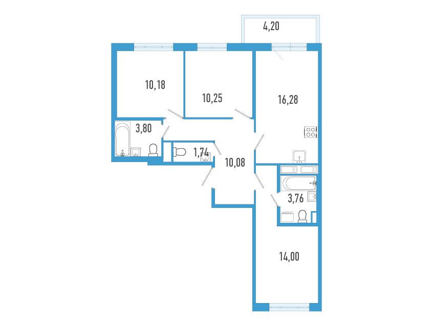Планировка: 3-комн. квартира 71.35 м² в новостройке Аэросити