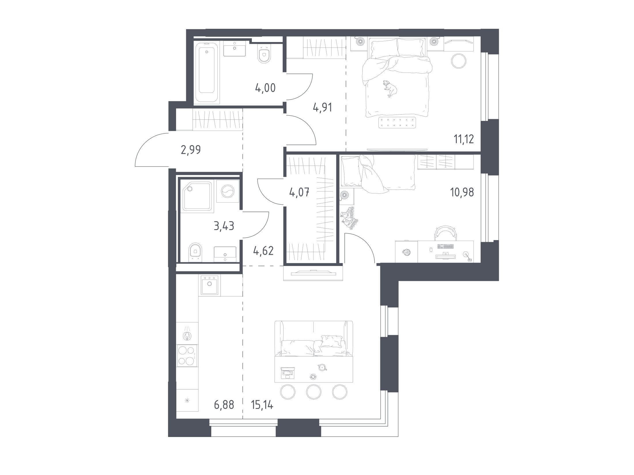 Планировка: 2-комн. квартира 68.14 м² в новостройке Заречье Парк