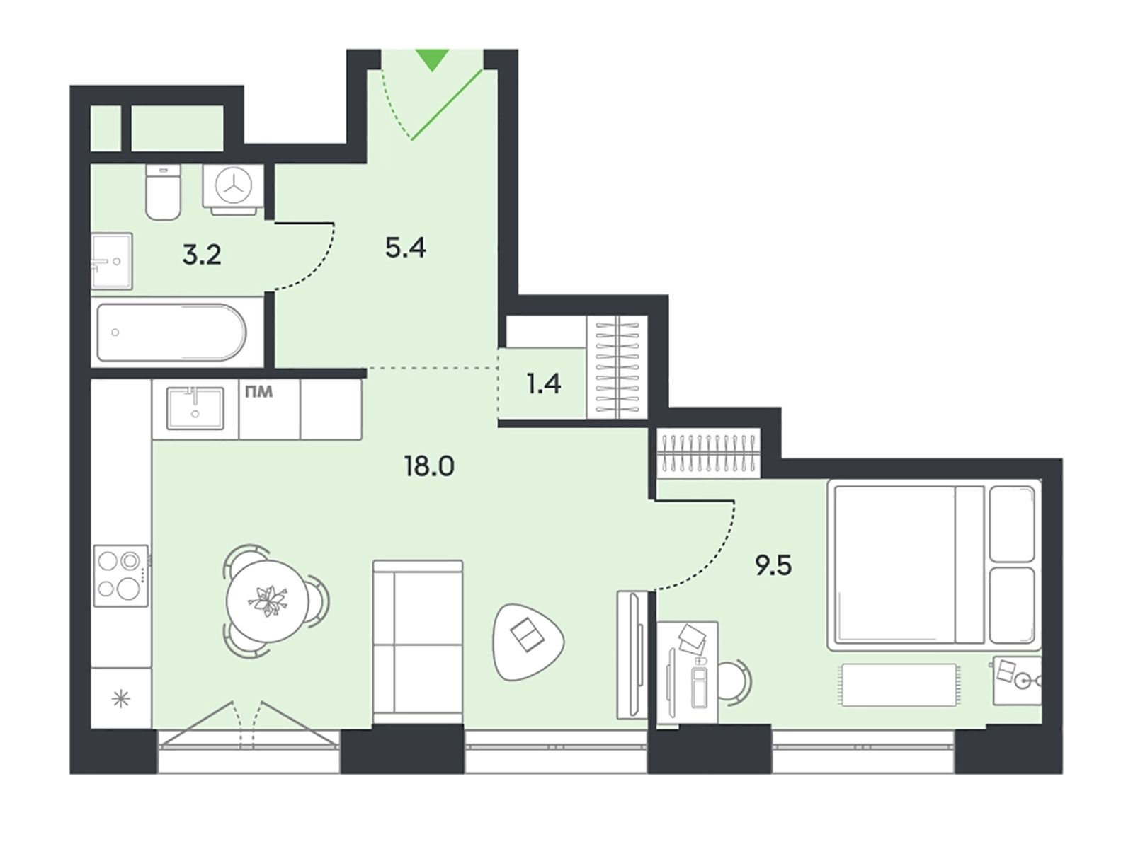 Планировка: 1-комн. квартира 37.00 м² в новостройке Баланс