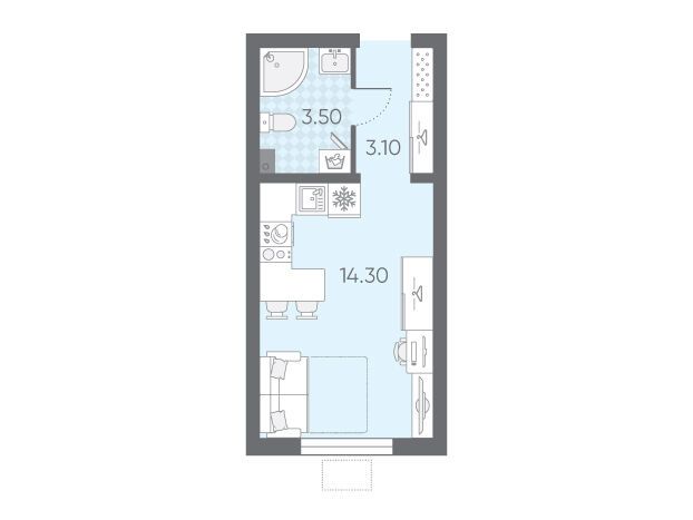 Планировка: Студия 20.90 м² в новостройке Ручьи