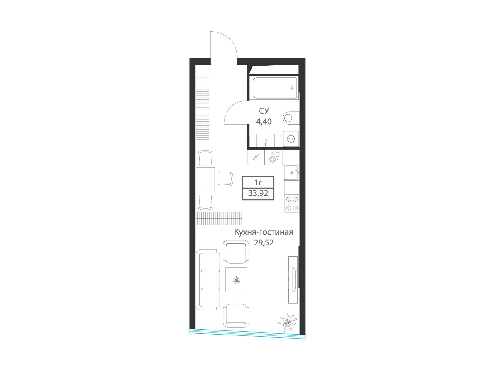 Планировка: Студия 33.92 м² в новостройке Диус