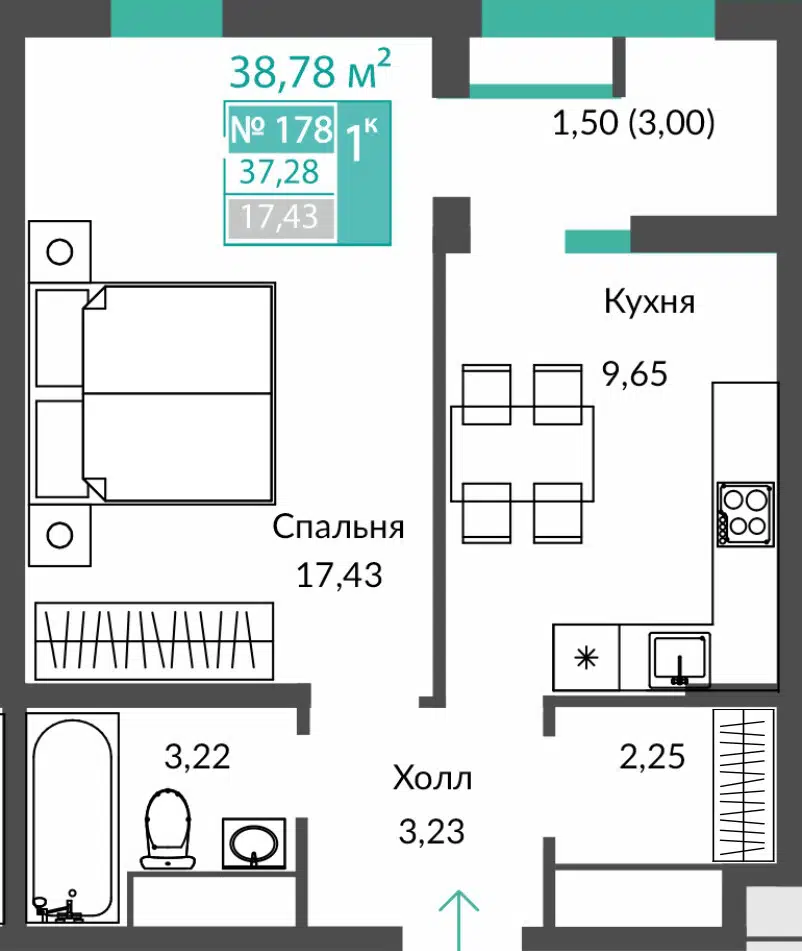 Планировка: 1-комн. квартира 37.28 м² в новостройке ЖК Единство