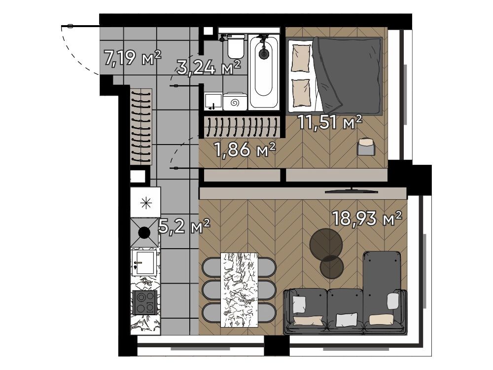 Планировка: 1-комн. квартира 47.93 м² в новостройке Серебряный бор