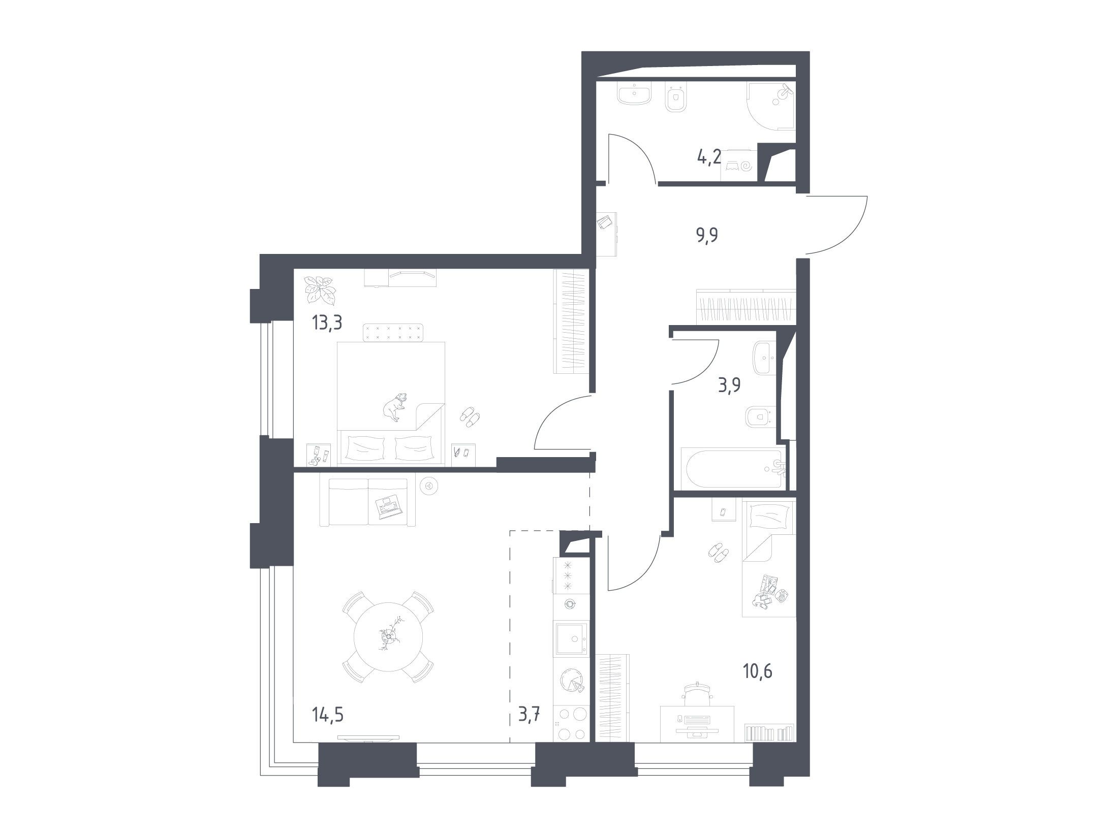 Планировка: 2-комн. квартира 59.88 м² в новостройке Верейская 41