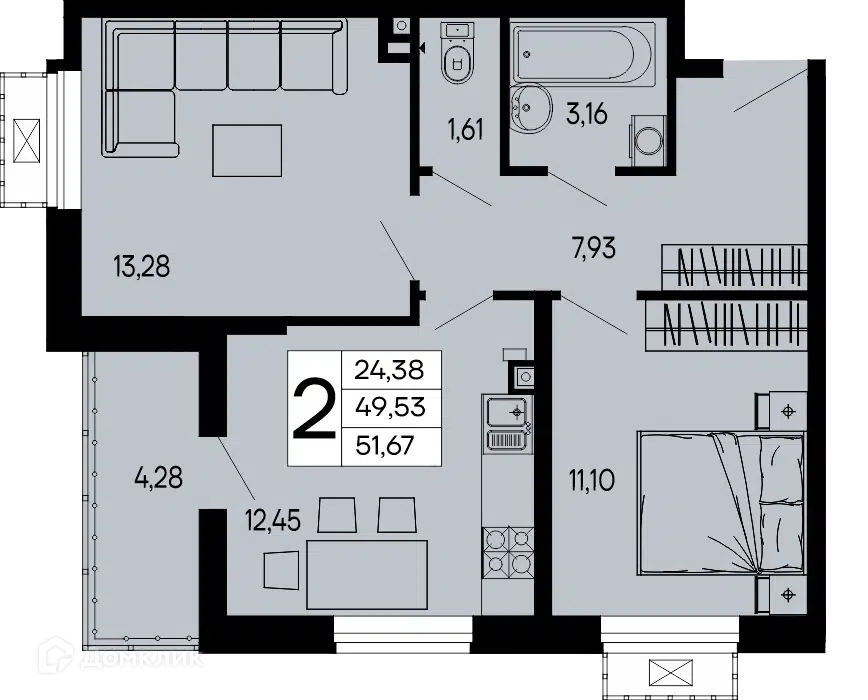 Планировка: 2-комн. квартира 51.67 м² в новостройке ЖК Эпос