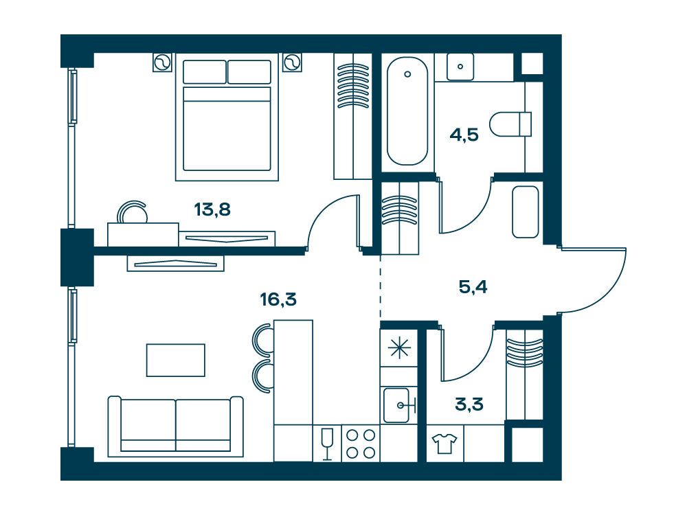 Планировка: 1-комн. квартира 45.00 м² в новостройке Соул
