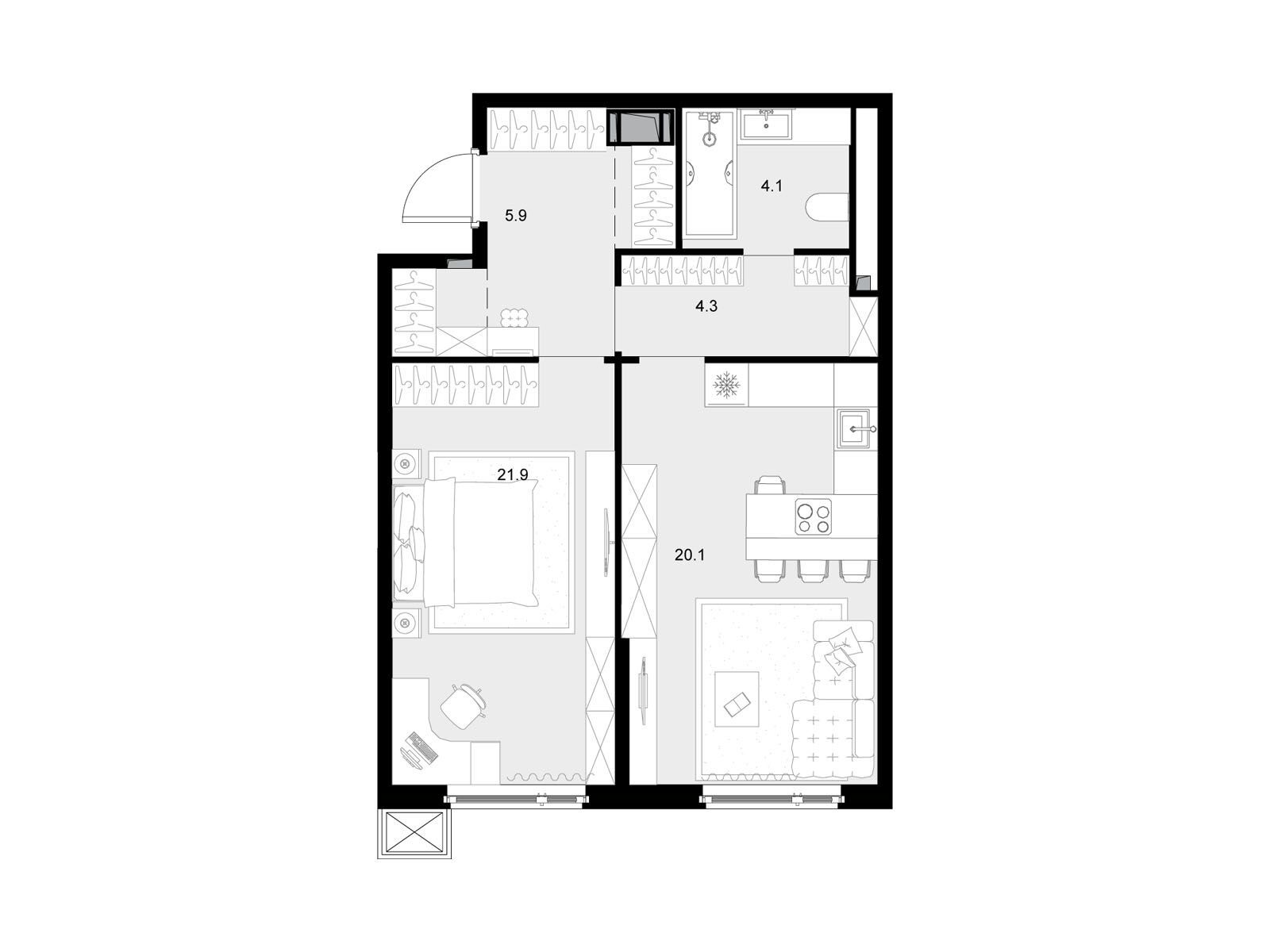 Планировка: 1-комн. квартира 56.30 м² в новостройке Малевич