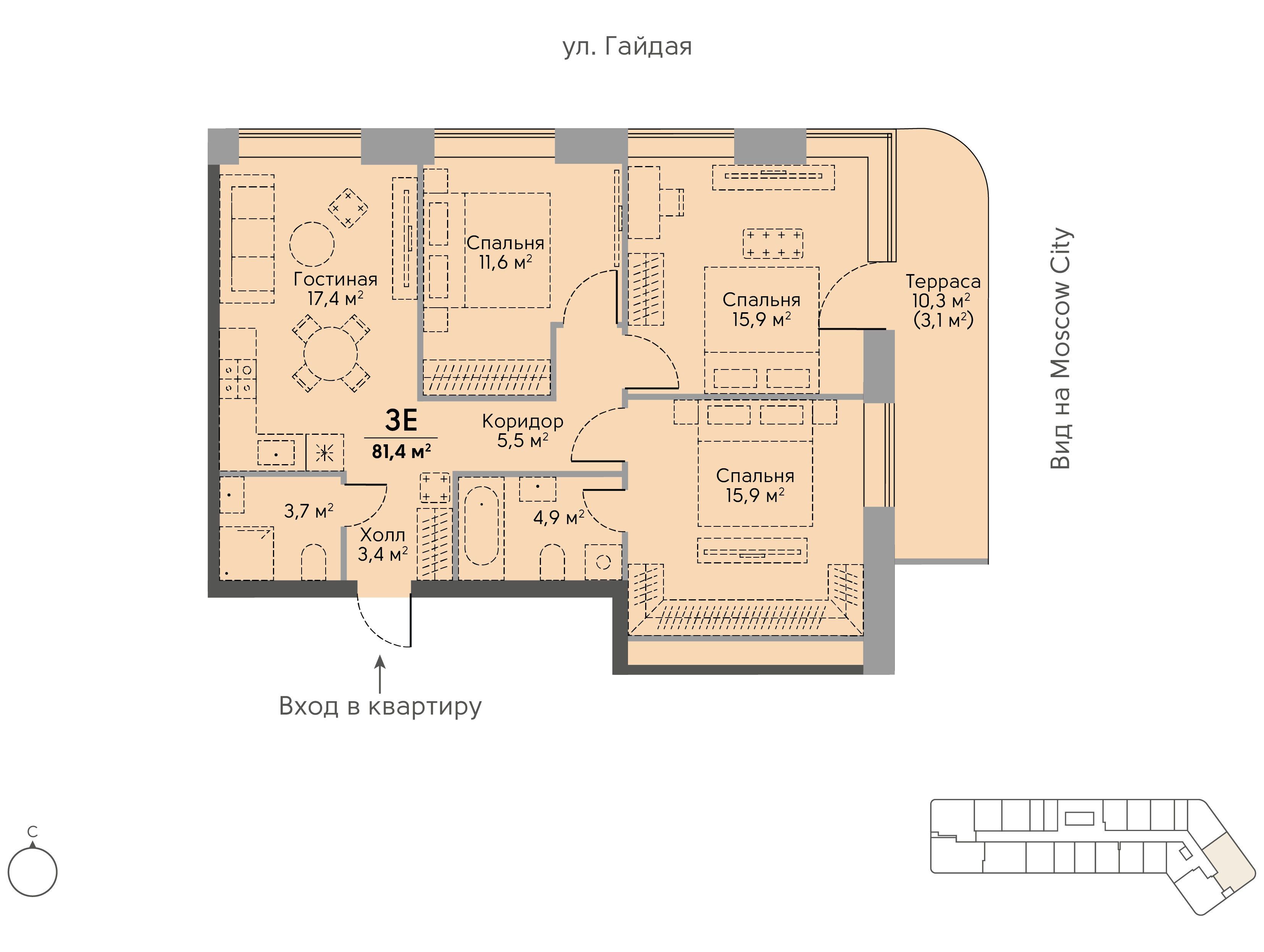 Планировка: 3-комн. квартира 82.00 м² в новостройке Сторис на Мосфильмовской