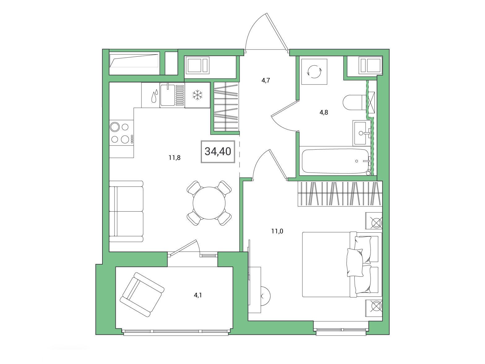 Планировка: 1-комн. квартира 34.40 м² в новостройке ЖК Янила Форест