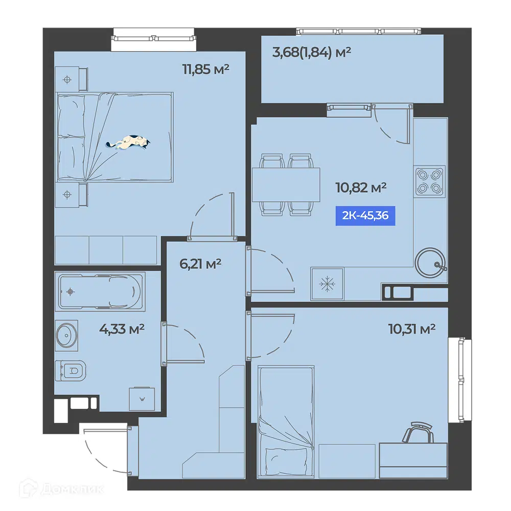 Планировка: 2-комн. квартира 45.36 м² в новостройке Соловей