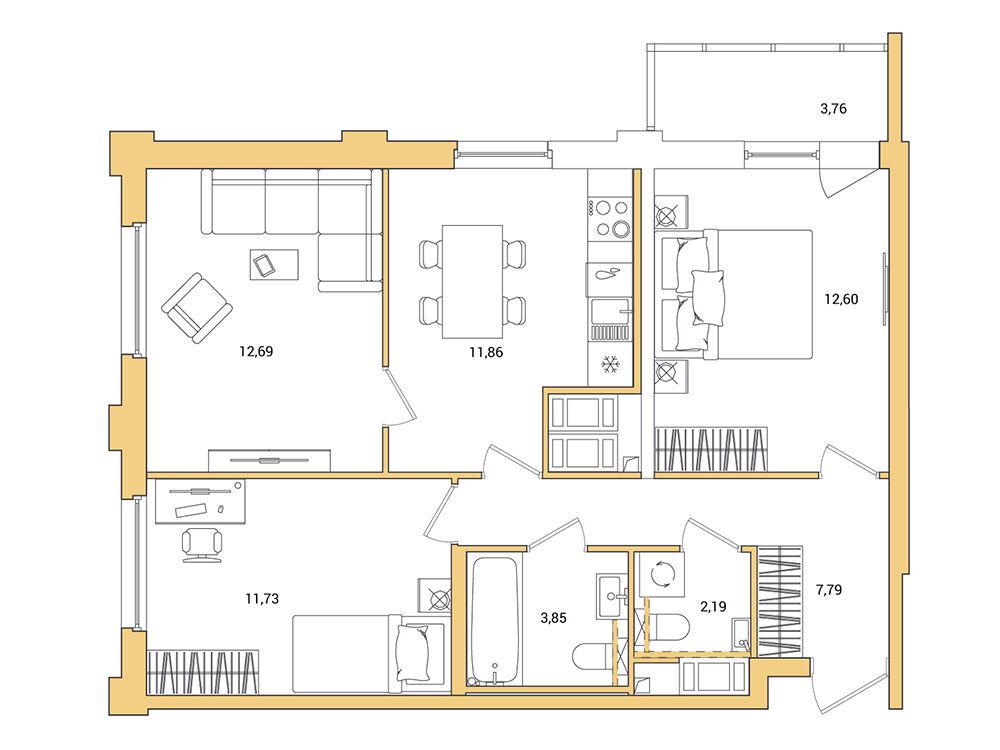 Планировка: 3-комн. квартира 64.59 м² в новостройке Окла