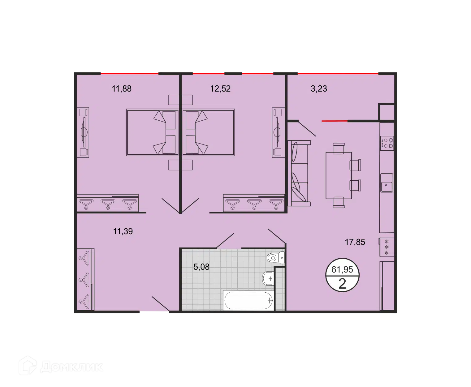 Планировка: 2-комн. квартира 61.95 м² в новостройке Дыхание