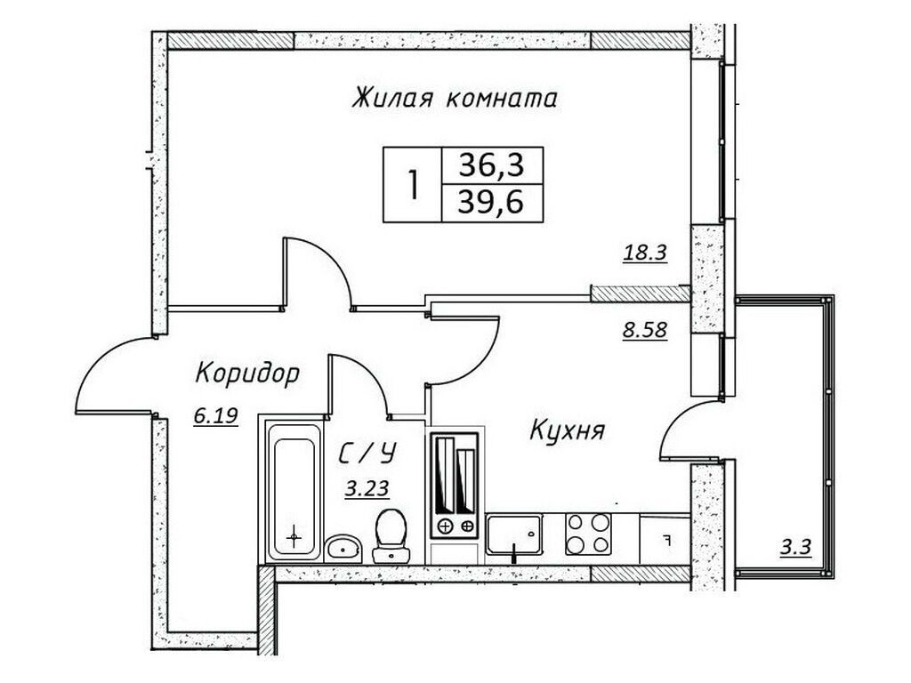 Планировка: 1-комн. квартира 39.60 м² в новостройке Шоколад